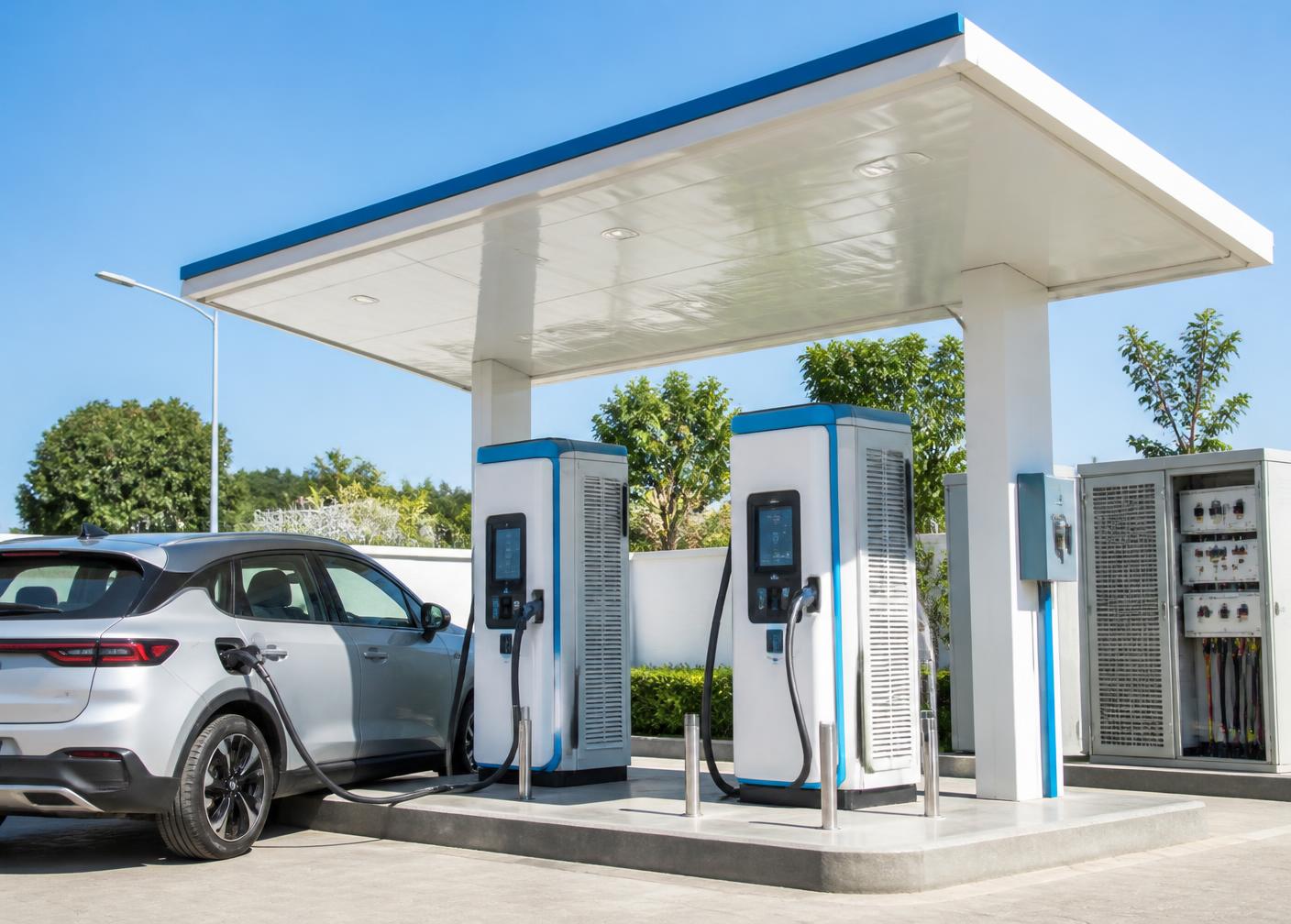 DC fast EV charging station with canopy and LT distribution panel